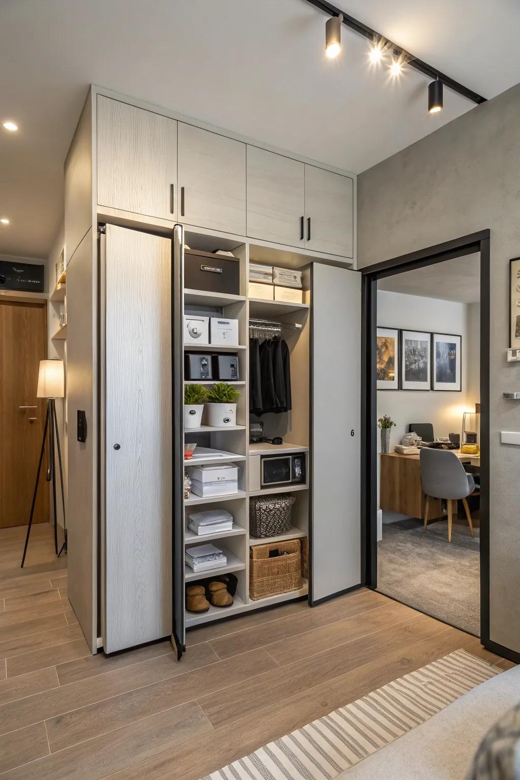 Dual-purpose doors cleverly integrate storage, optimizing space in this studio apartment.