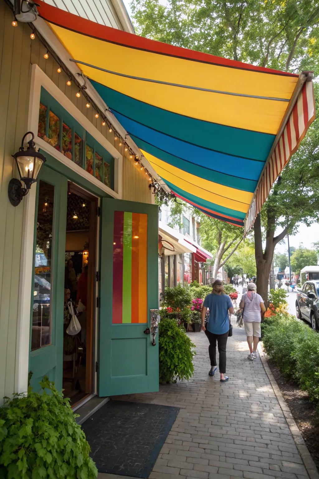 A colorful fabric shade over a lively front door.