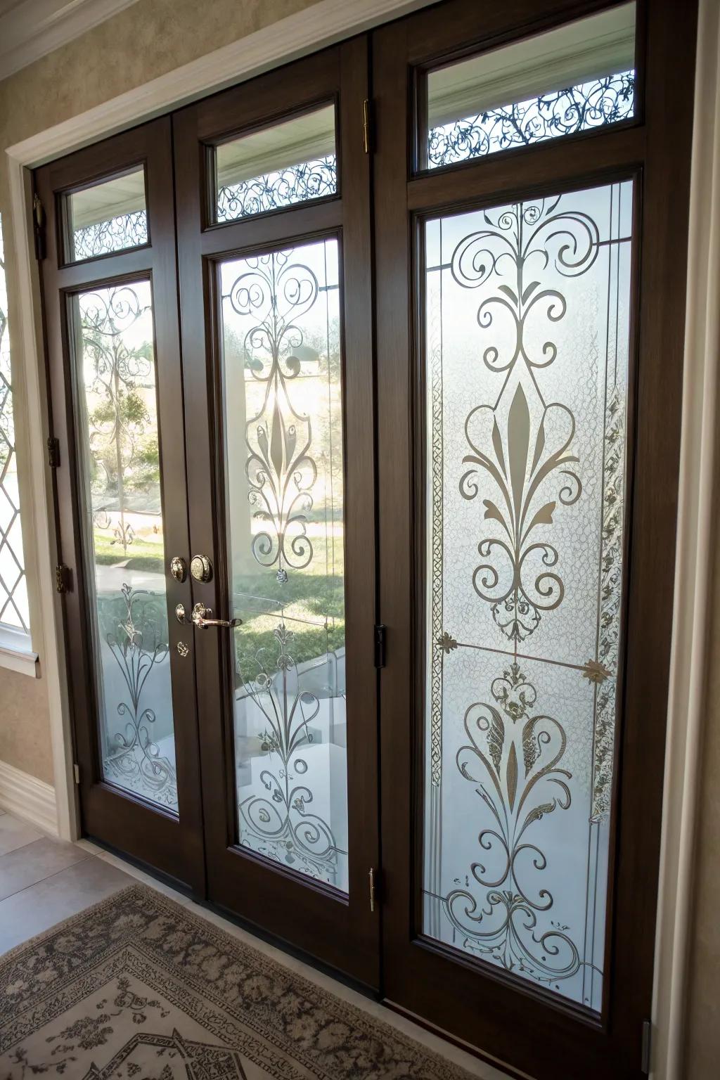 Etched glass delivers a unique and artistic avenue to add seclusion to your door windows.