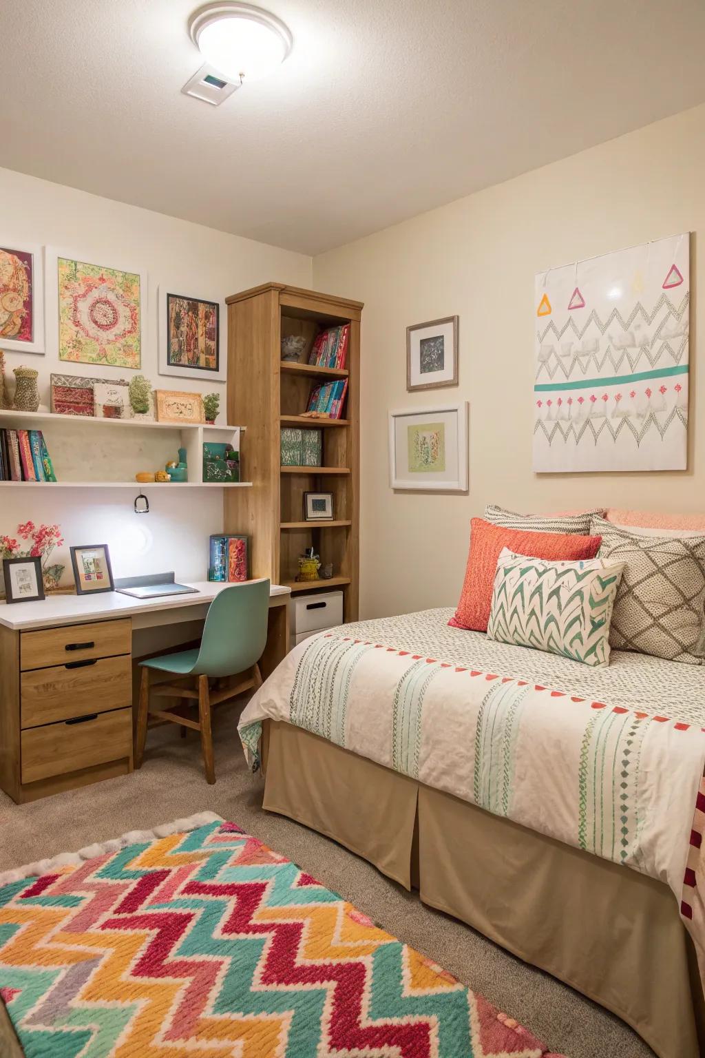 A cohesive color scheme creates a harmonious dorm space.