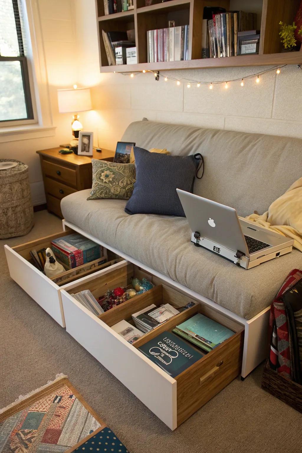 Hidden storage compartments in this sofa help keep this dorm room tidy.