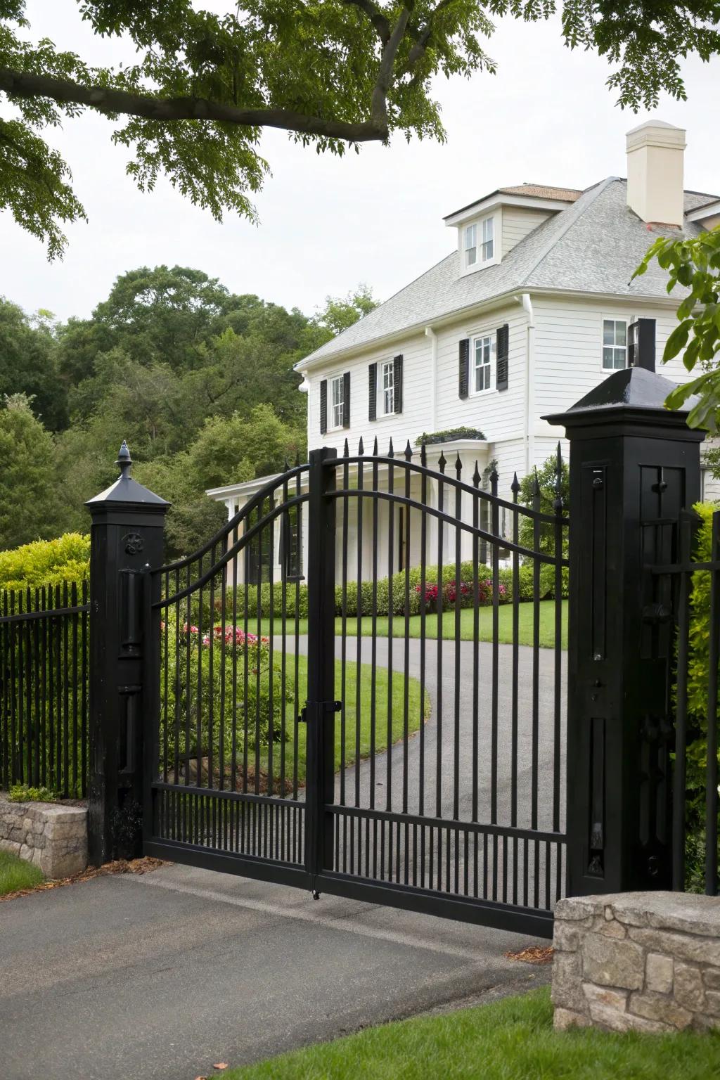 A striking black gate creating a dramatic entrance against a bright backdrop.