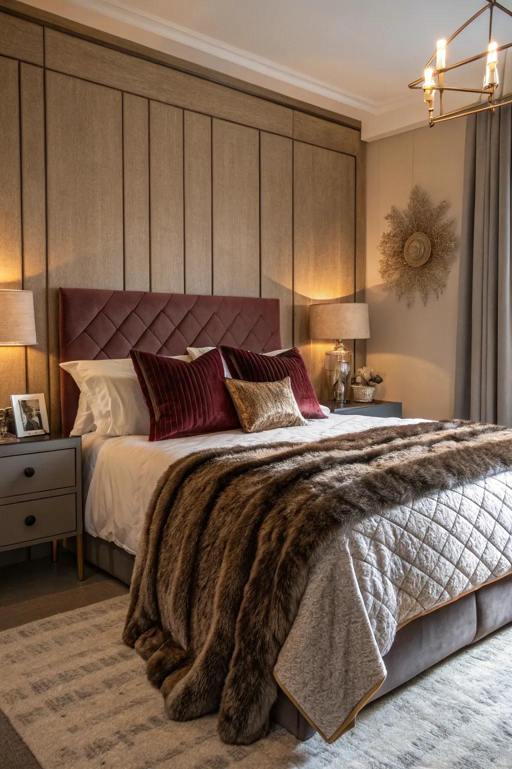 Layered textures enhance the appeal and atmosphere of the bedroom.
