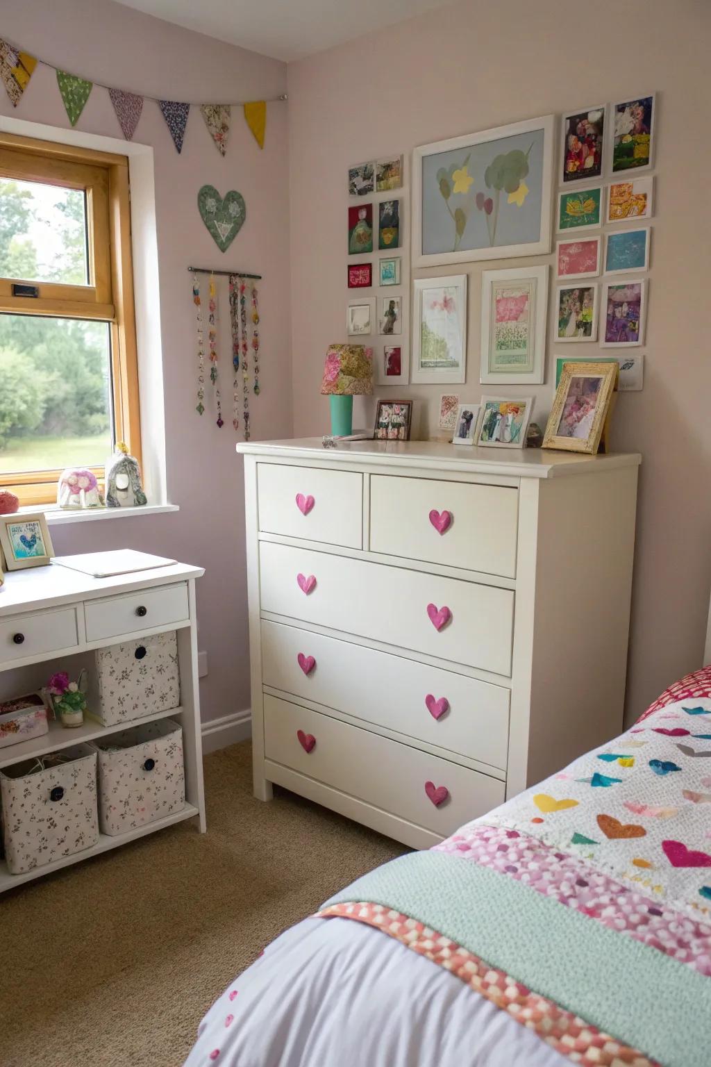 A dresser with DIY upgrades showcasing unique style in a small bedroom.