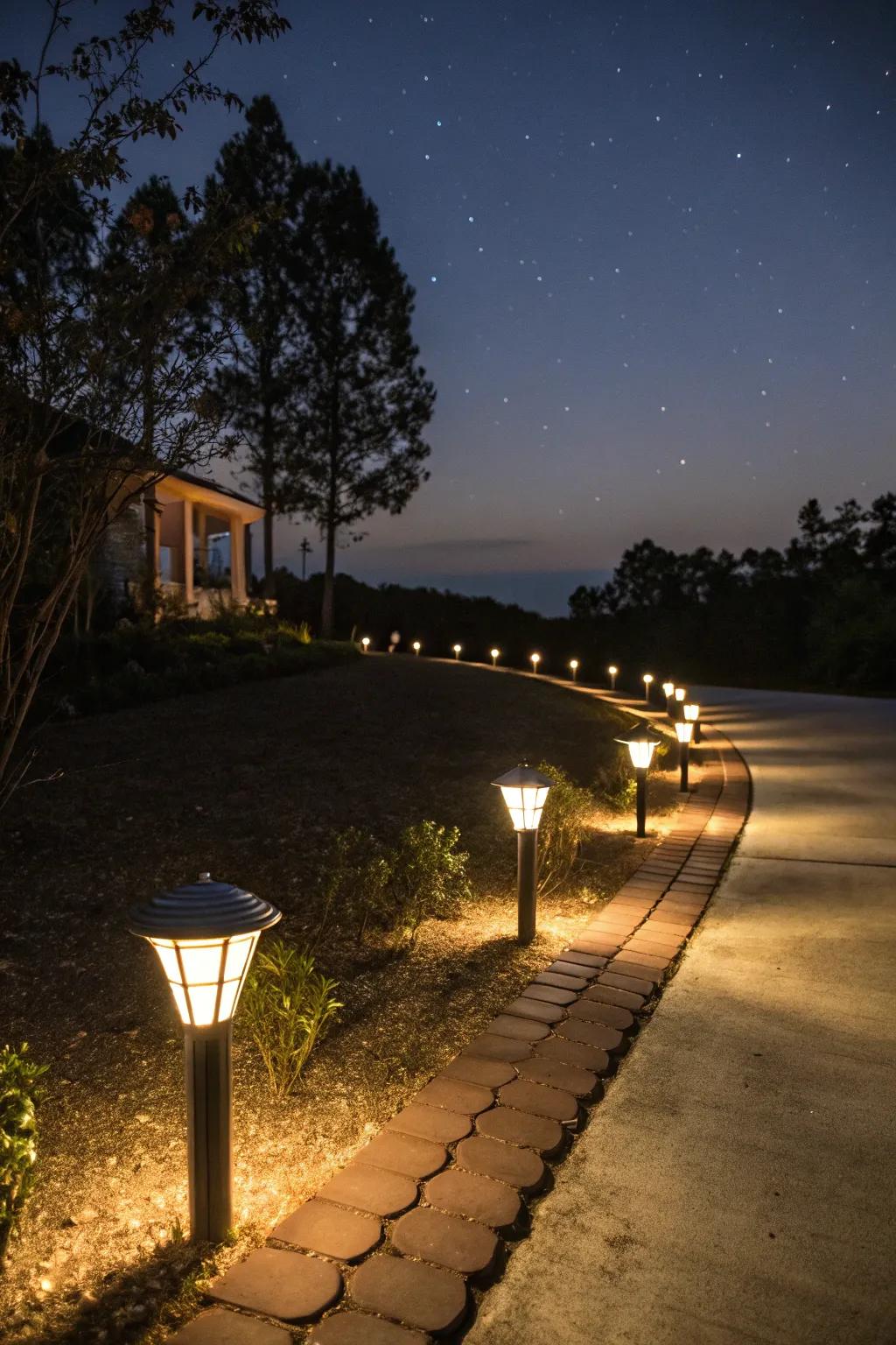 Eco-friendly solar-powered lights illuminating the driveway.