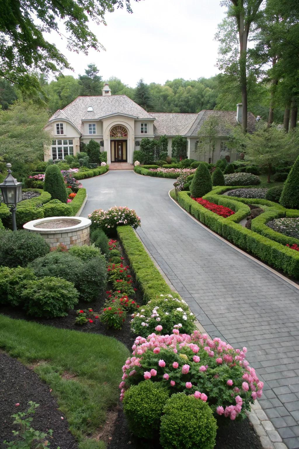 A functional horseshoe driveway with a central garden feature.