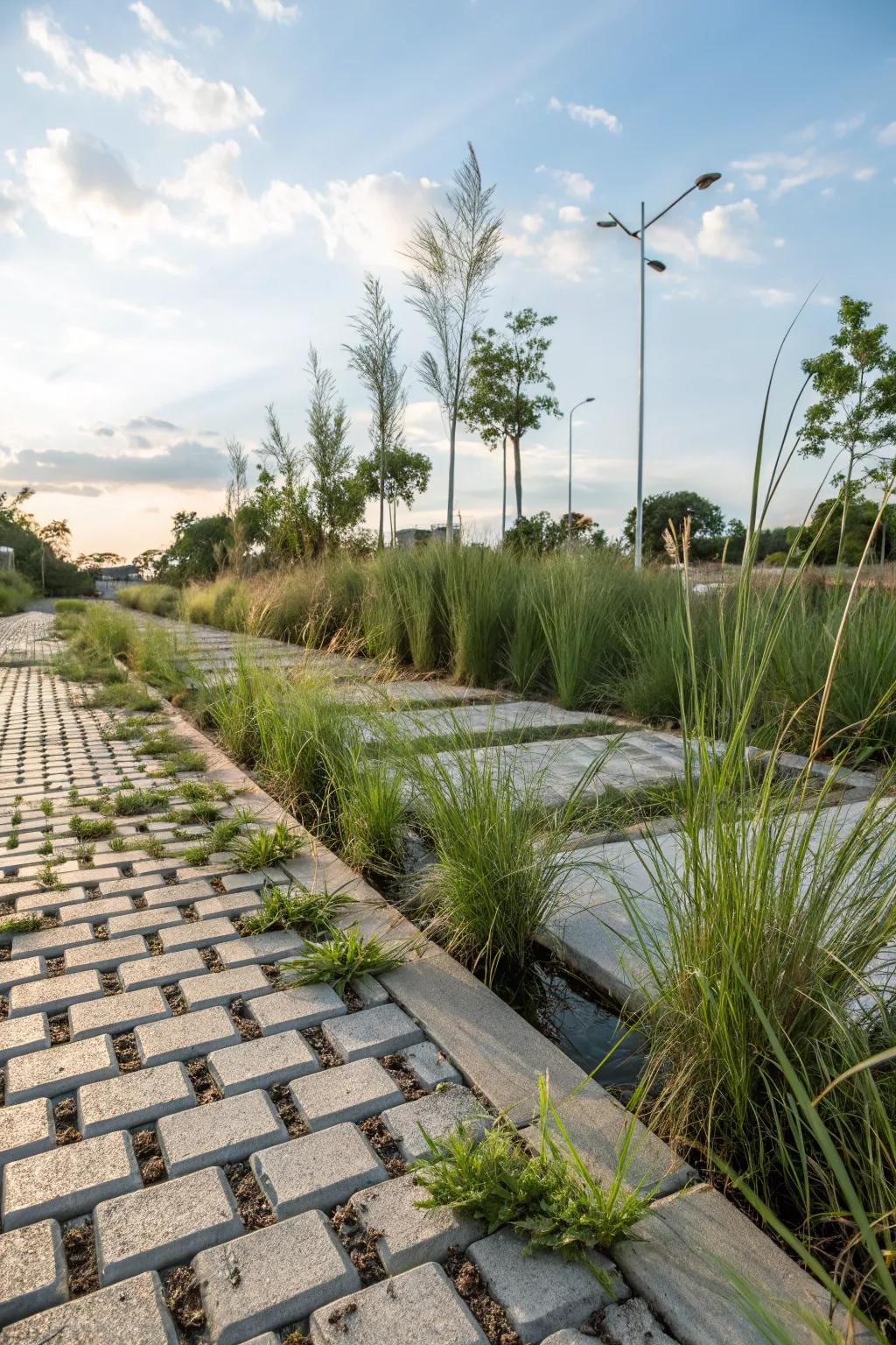 Sustainable pavers seamlessly integrating with indigenous vegetation.