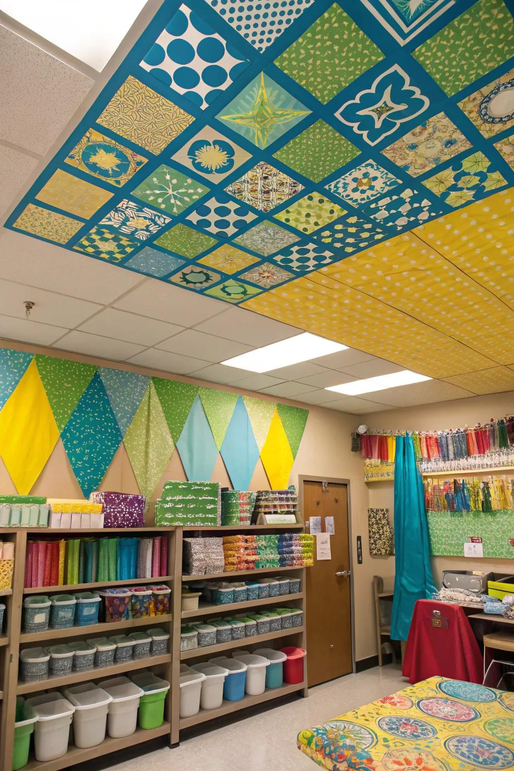 Fill the space with fun and ingenuity using patterned ceiling squares.