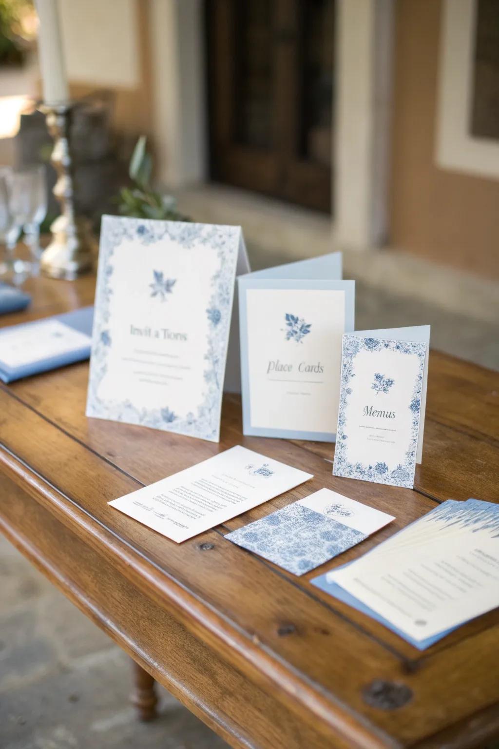 Beautiful stationery with sky blue details that enhance the wedding's cohesive theme.