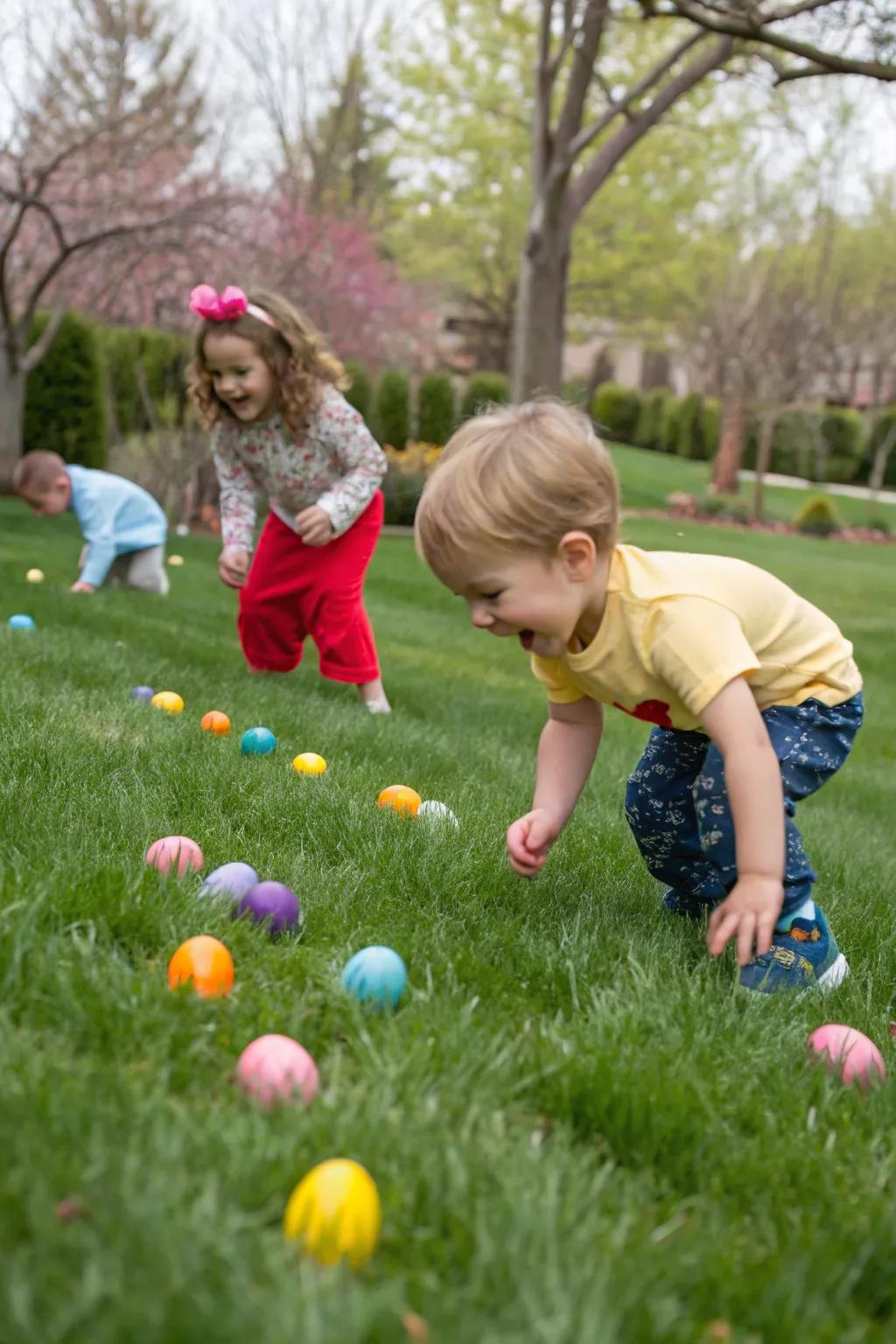 Outdoor fun with an Easter egg roll race.