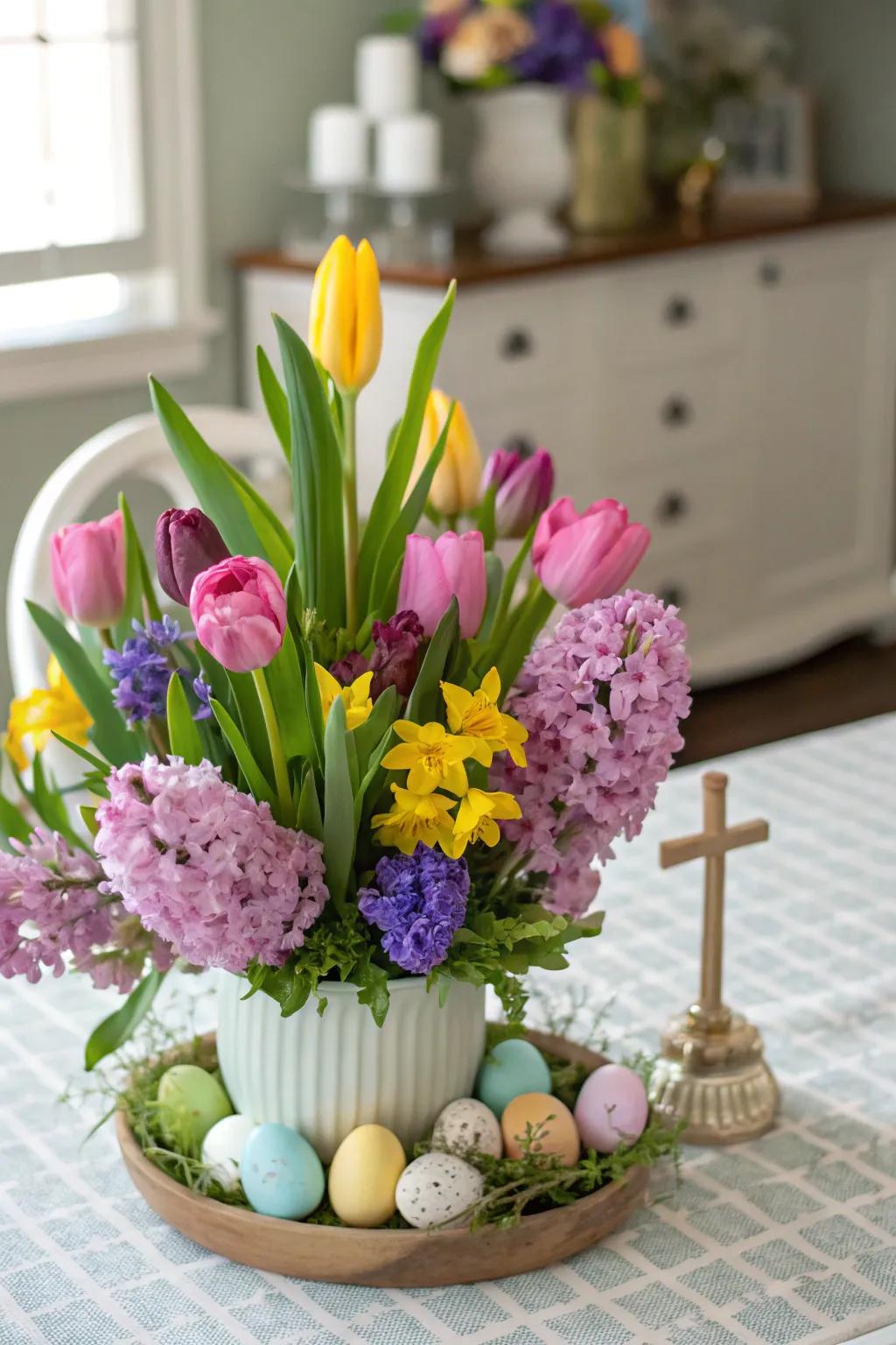 A vibrant blossom centerpiece embodies the essence of spring.