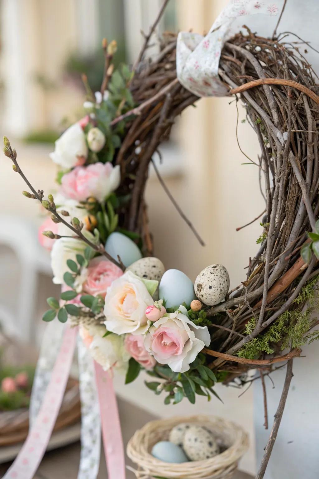 A country ring crafted from branches and subtle hues flowers acts as a striking Easter scene centerpiece.