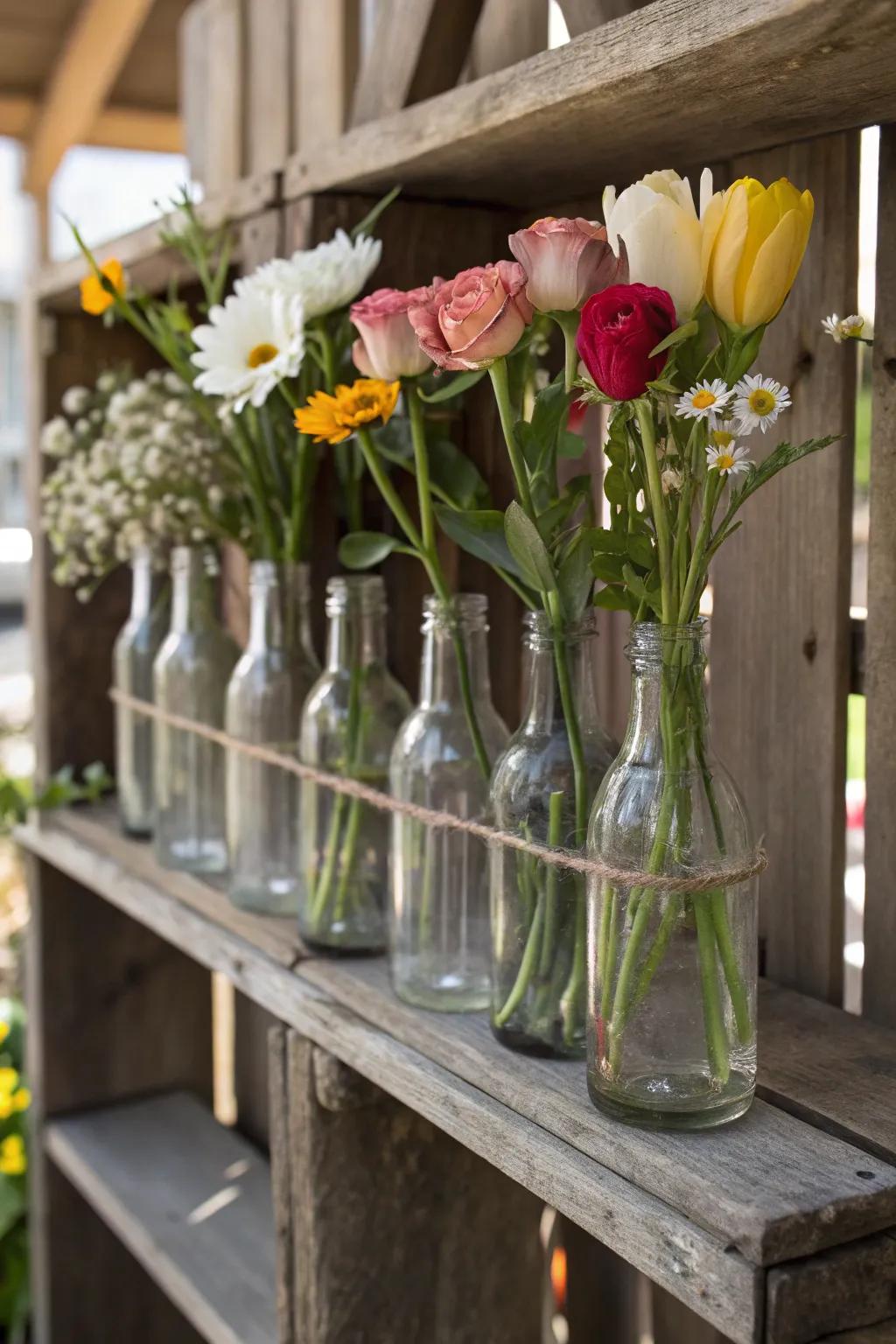 Aged vials lend a nostalgic touch to floral arrangements.