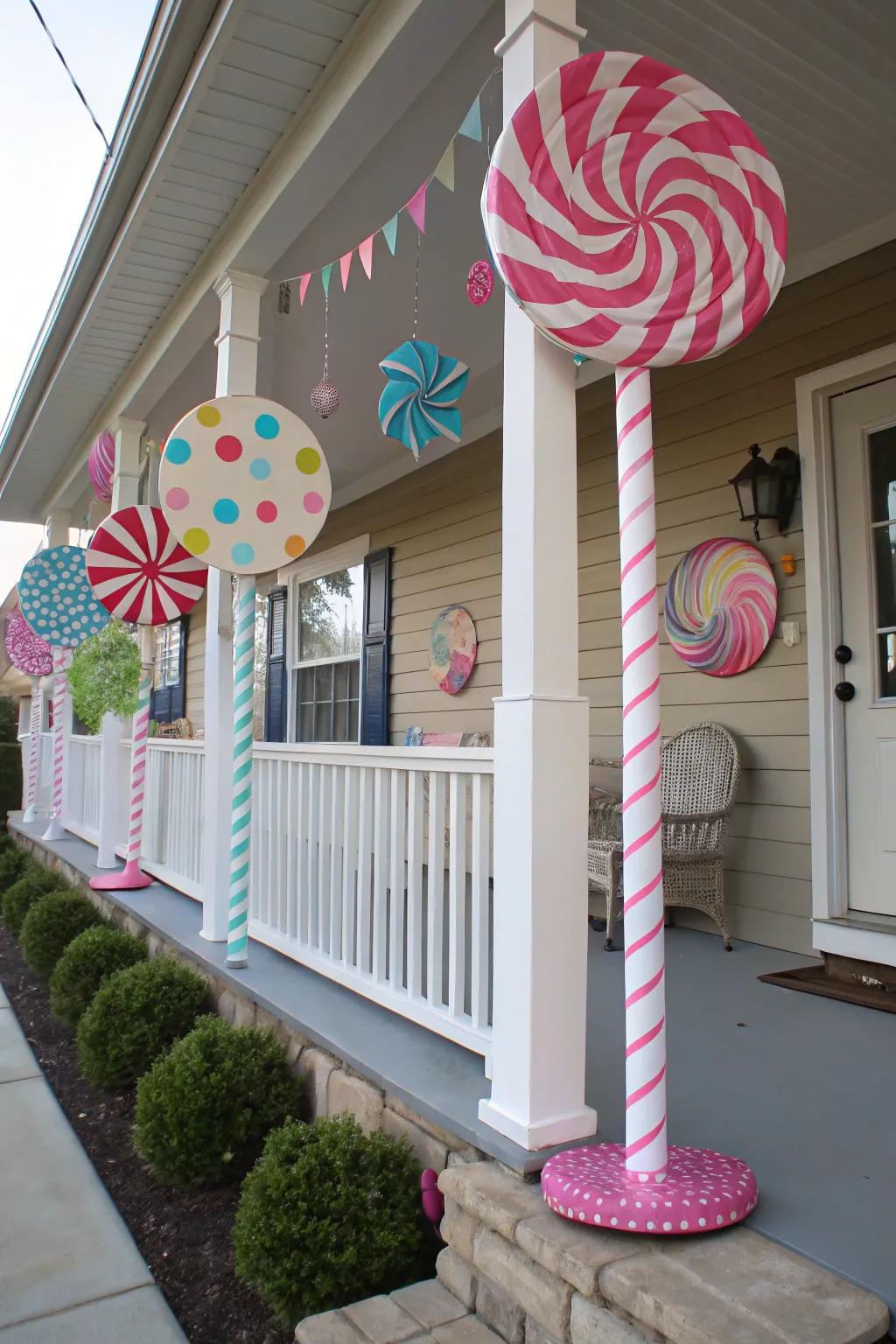 Oversized hard candies introduce playful whimsy to the veranda.