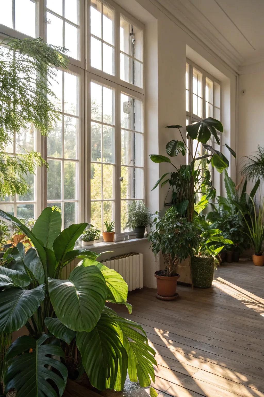 A bright room full of natural light and lush greenery.