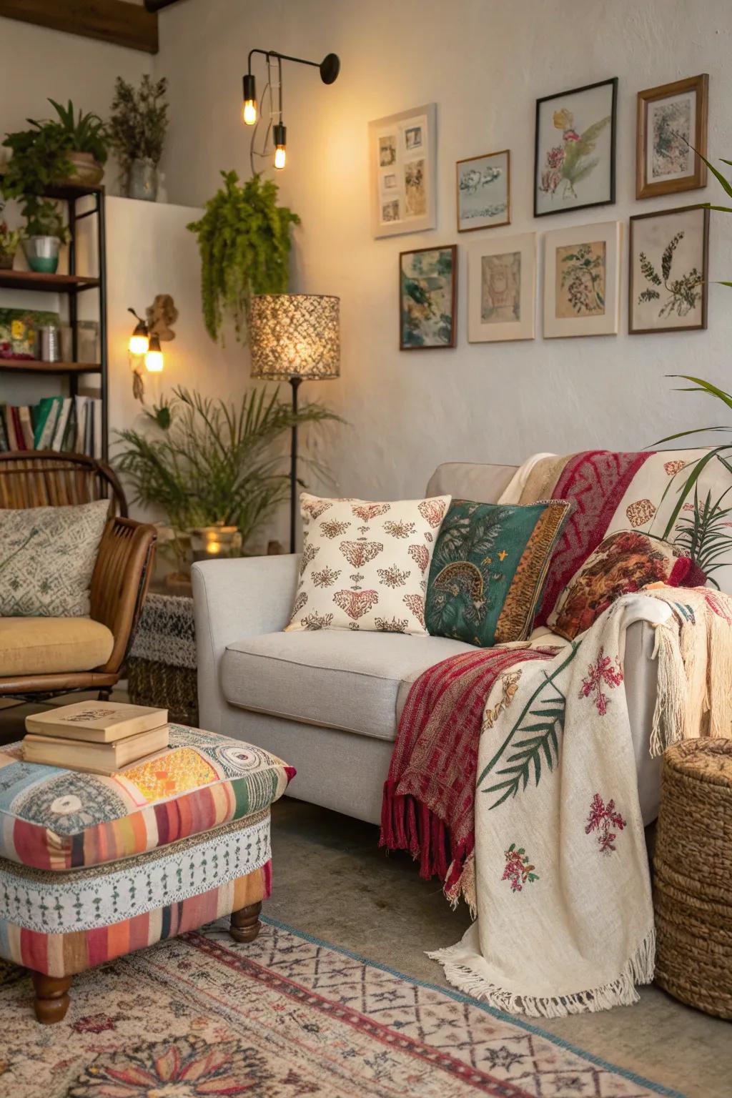 An inviting seating area provides the perfect relaxation spot in this eclectic room.