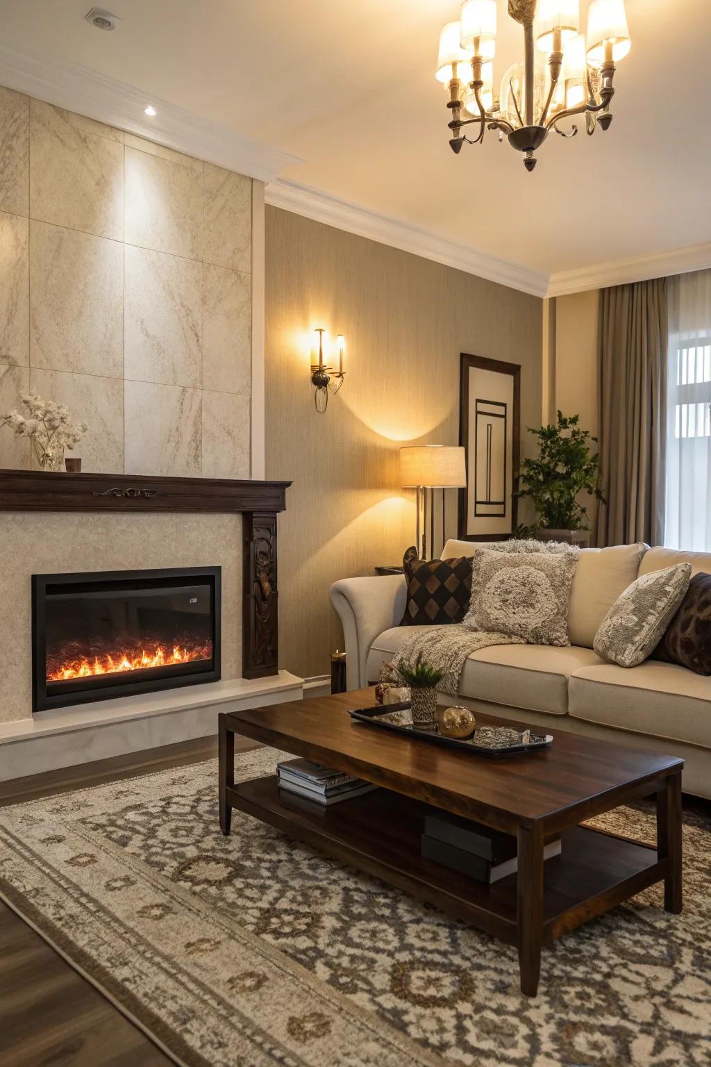 Companion furniture enhances the electric fireplace setup.