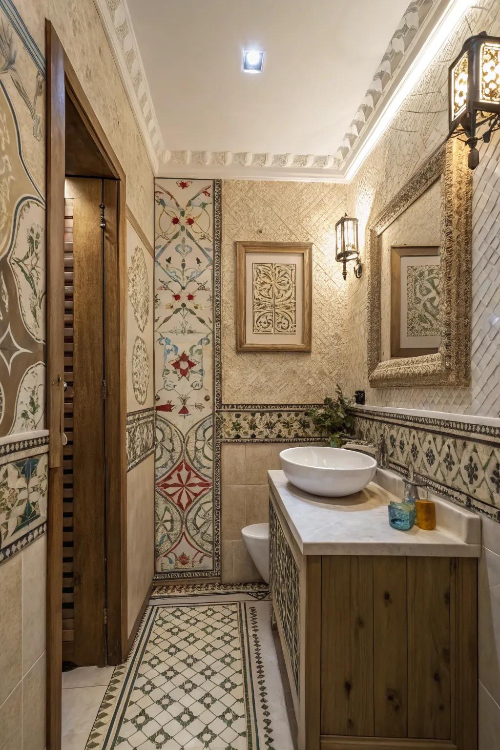 Structured walls inject depth to this elegant bathroom's design.