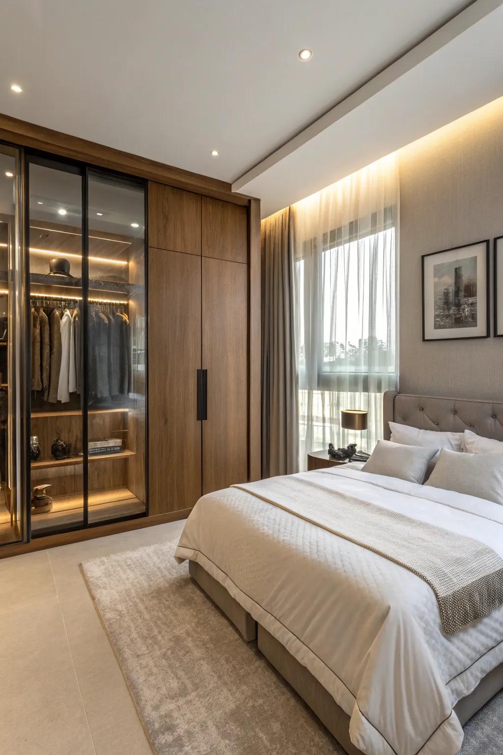 A bedroom featuring a stylish and functional built-in wardrobe.