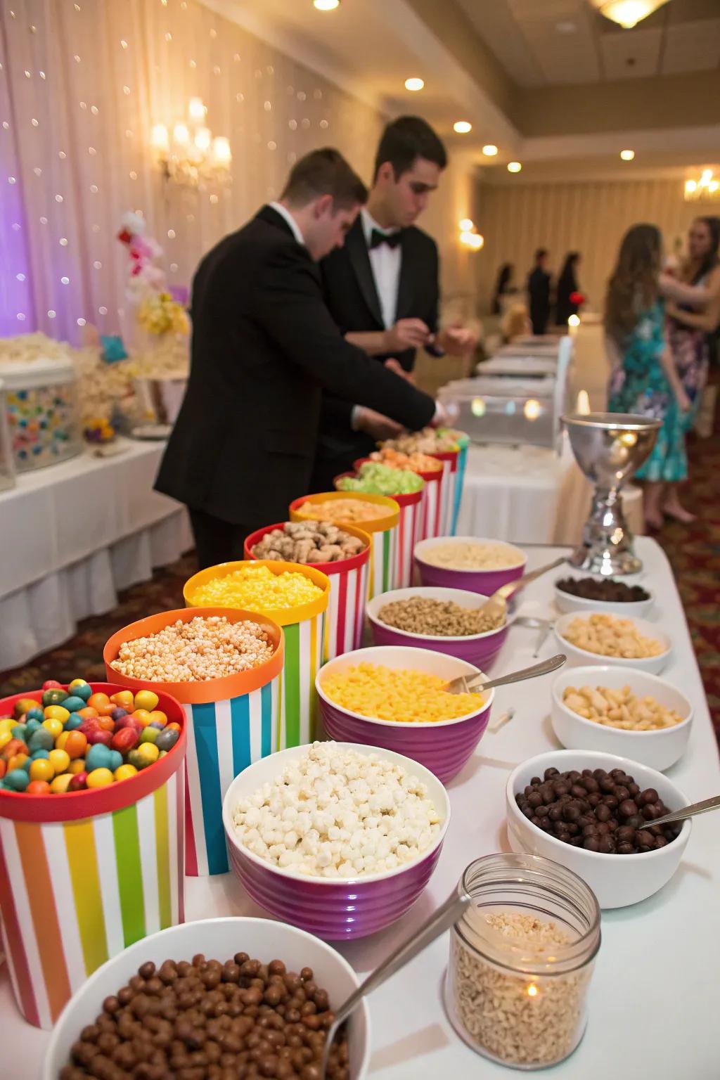 An engaging mix-in area, offering guests a chance to personalize their popcorn with various treats.