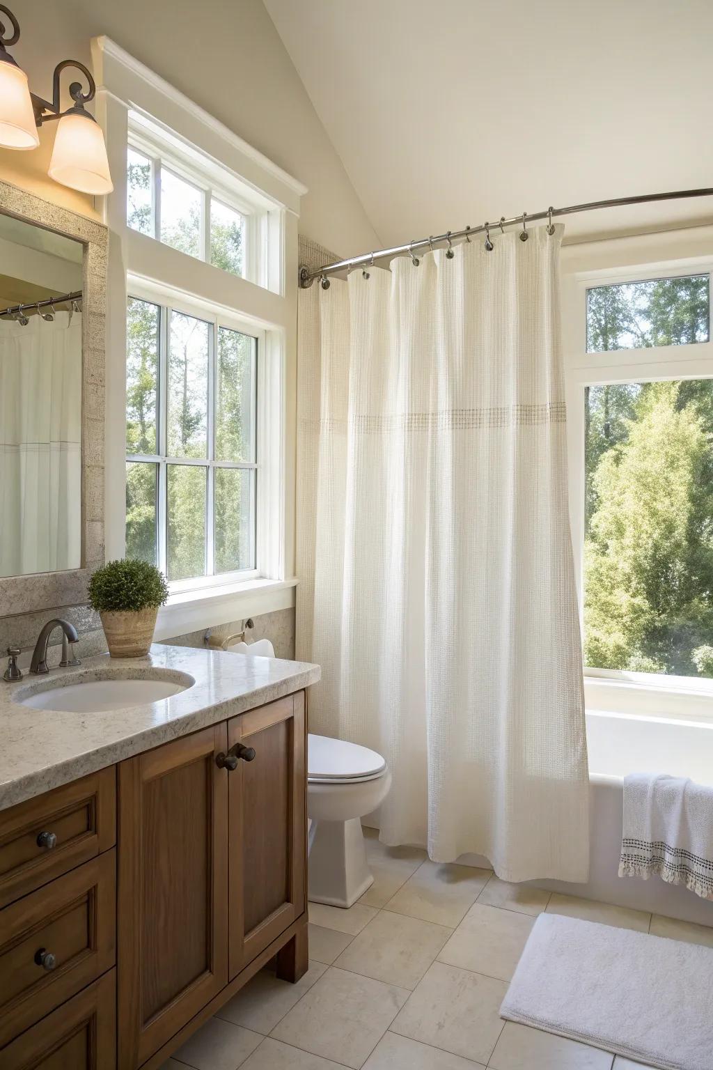 A bathroom design that maximizes natural light through thoughtfully placed shower screens.