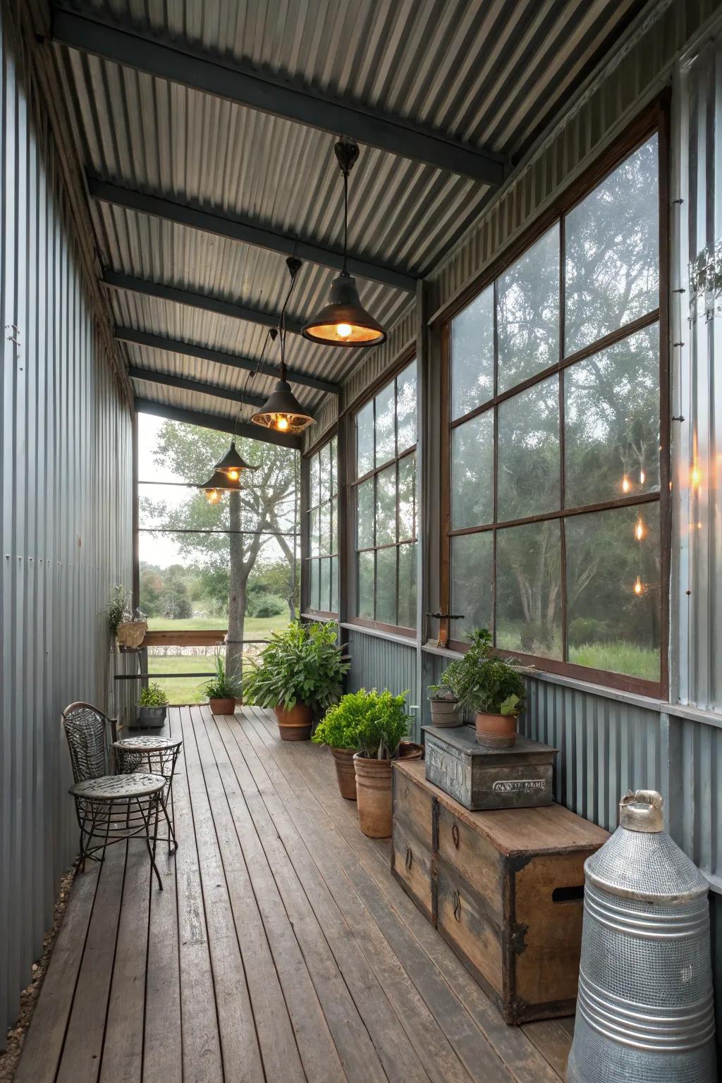 A modern enclosed porch with sleek metal siding.