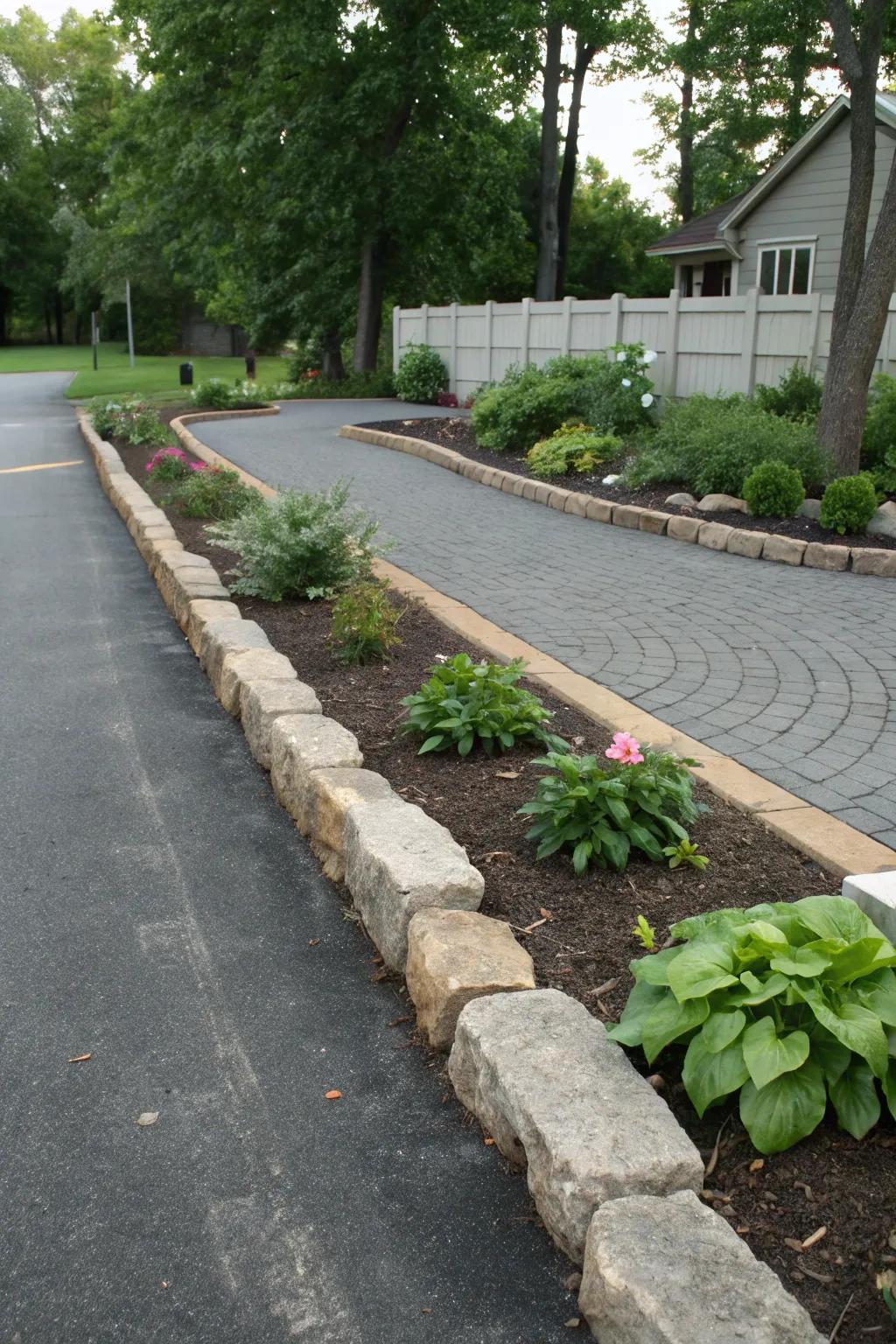 Stone bordering maintains vegetative sectors in an orderly and well-defined state.