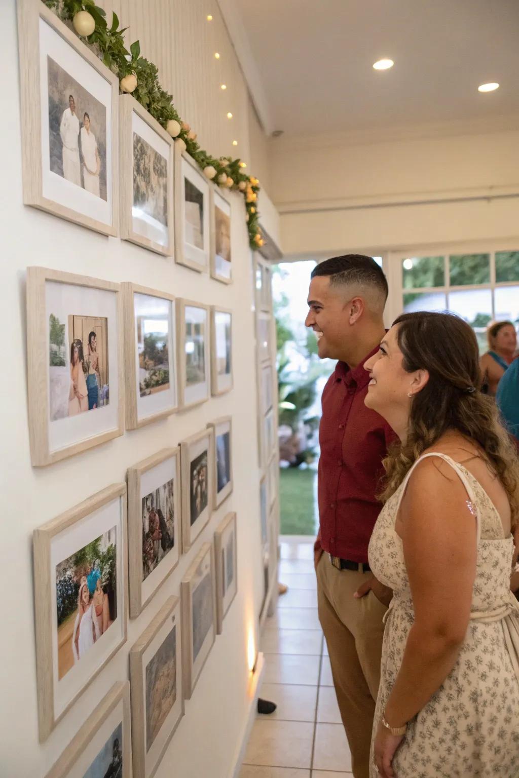 A photo wall showcasing the couple's cherished moments.