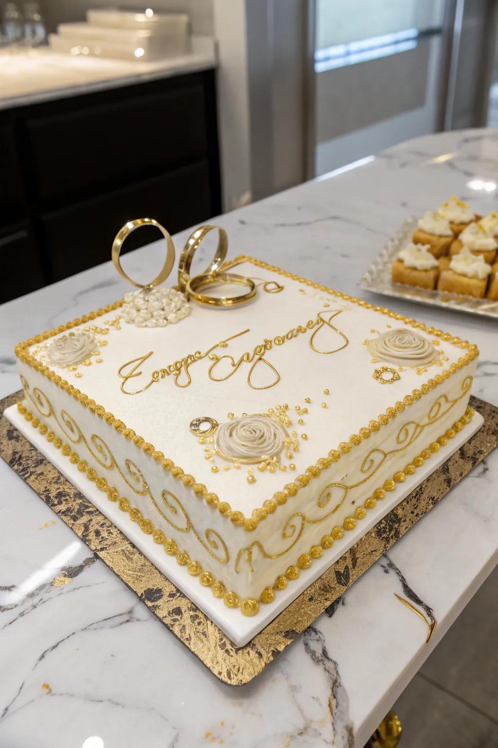 An engagement sheet cake featuring glamorous metallic accents.