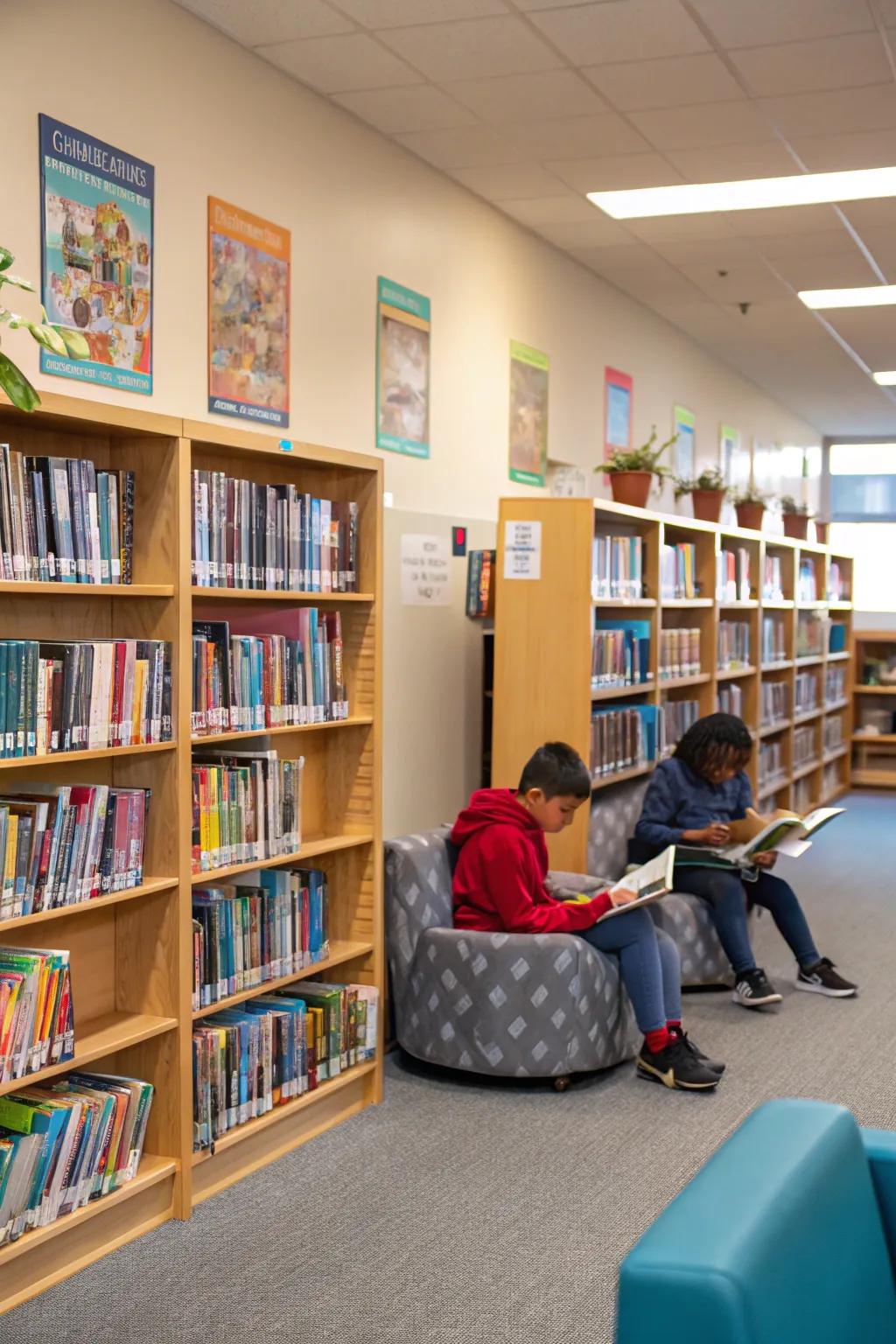 An organized classroom library encouraging students to explore literature