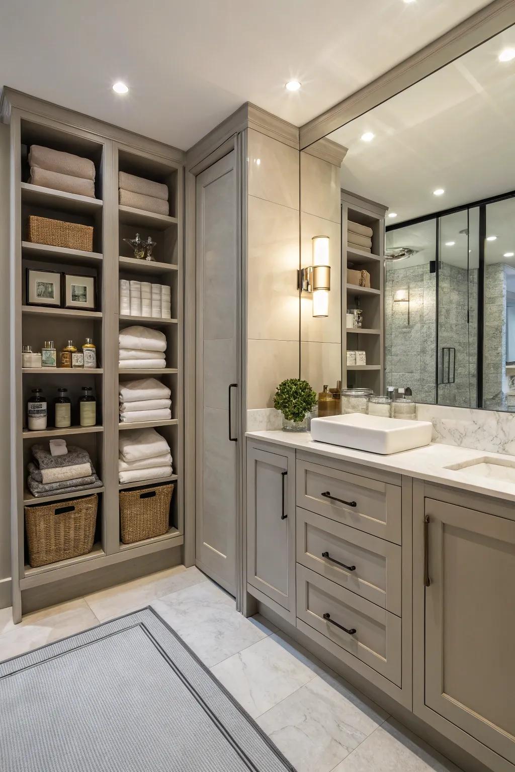 Inventive stash solutions maintain a pristine and efficient ensuite.