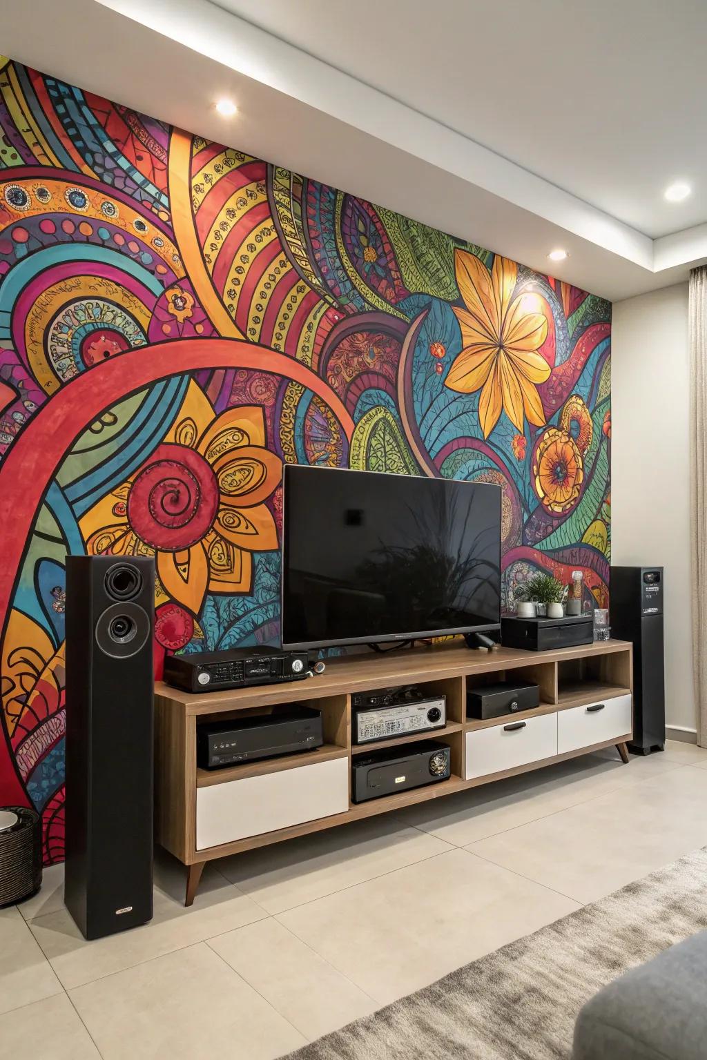 An ample art piece acts as a striking background for this entertainment station.