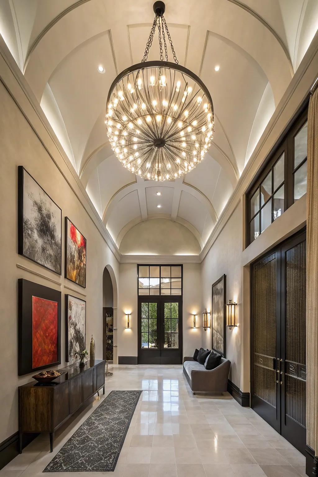 A statement light fixture sets the tone for this stylish entryway.