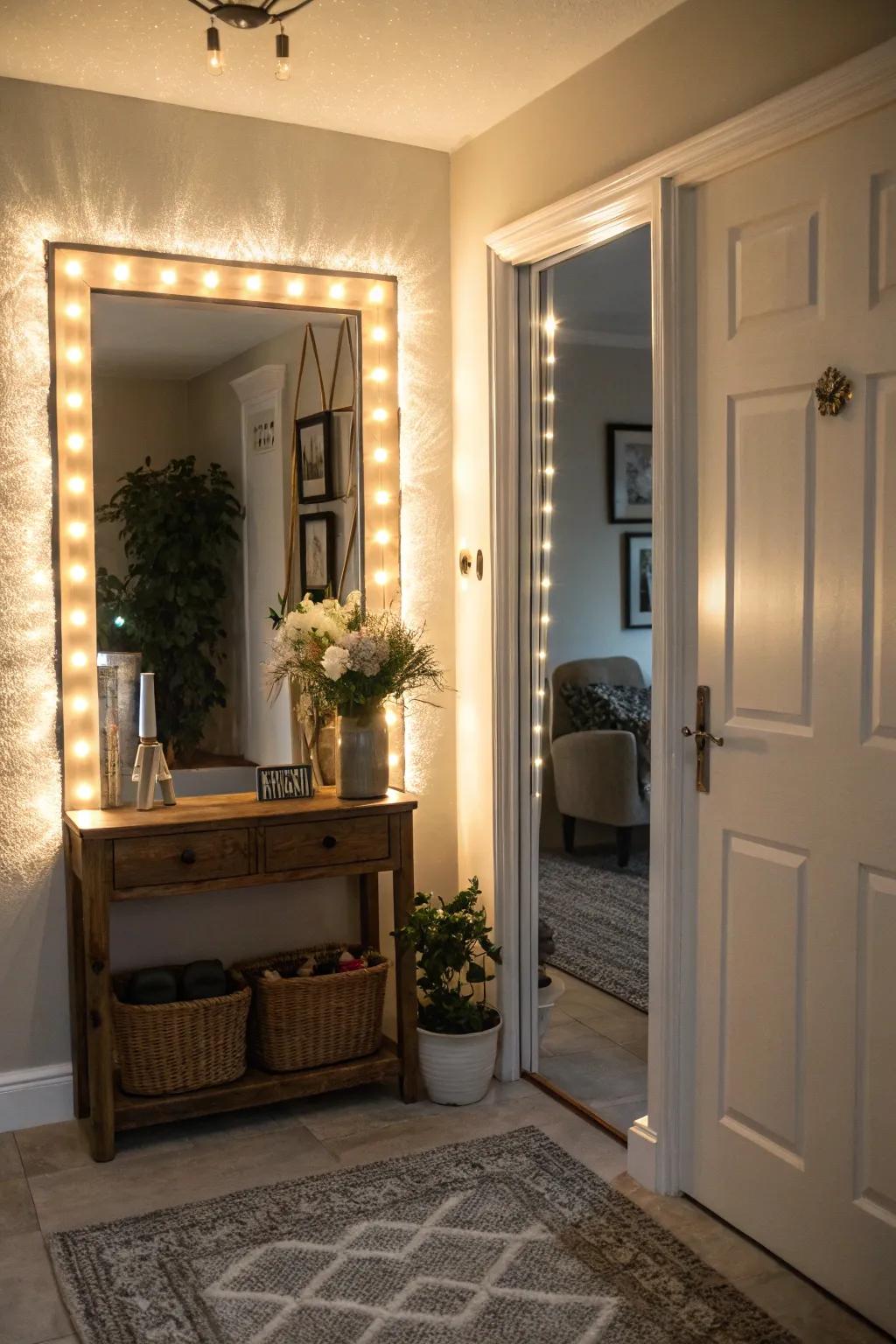 A backlit mirror gives a soft and appealing light in the entrance.
