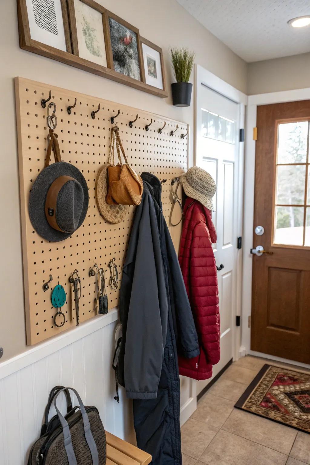 This mudroom's pegboard offers adaptable keeping options.