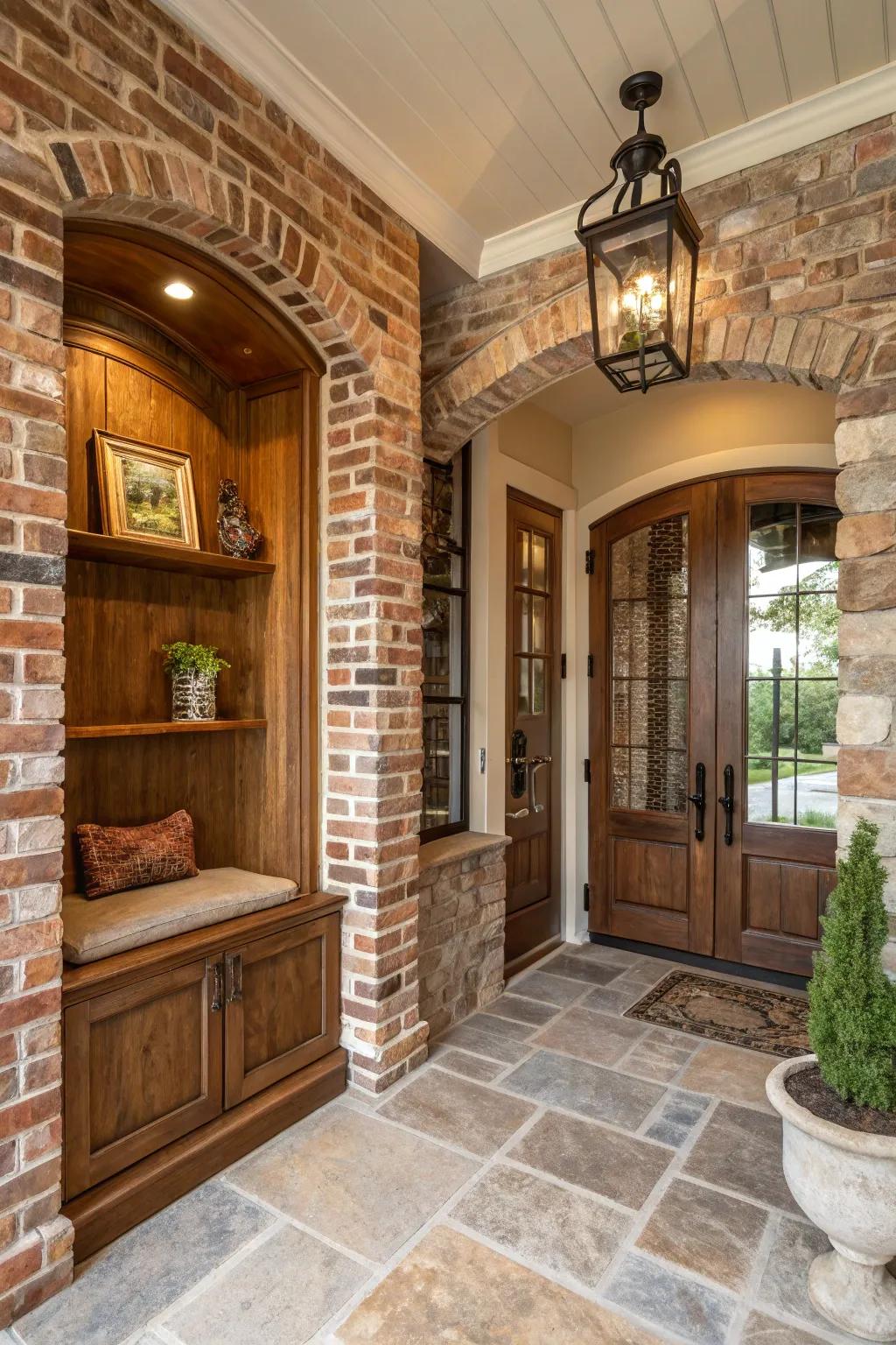 A fusion of textures lends this entryway alcove a warm and inviting sensation.