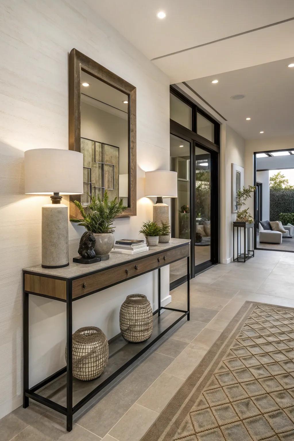 An entryway is equipped with a slender console table, uniting functionality and style.