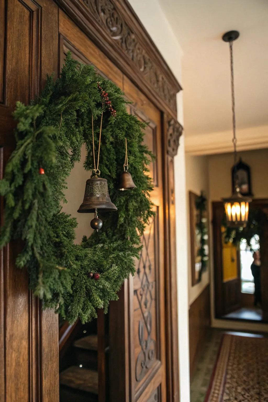 A nostalgic cascade with vintage chimes on a door.