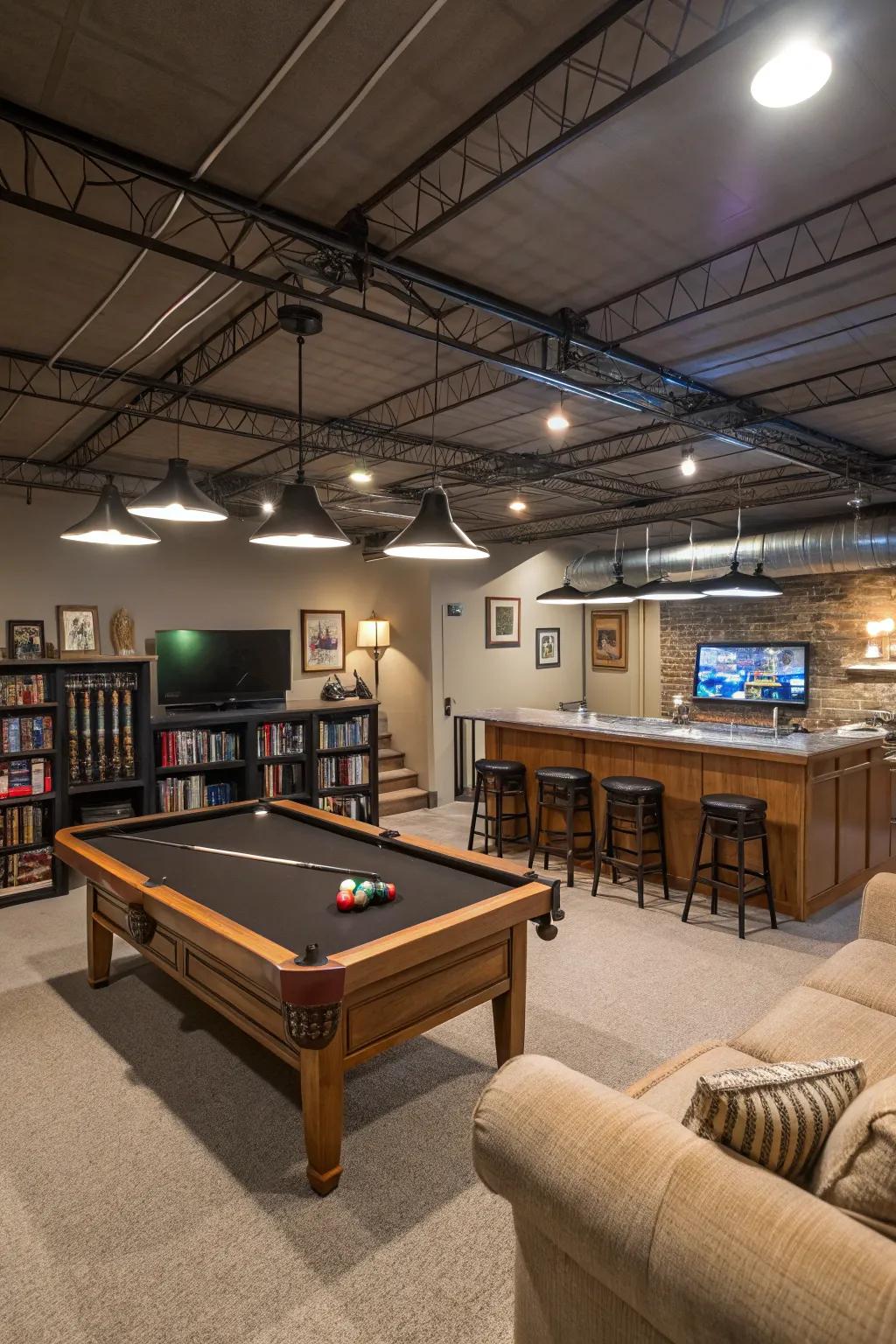 Strategic furniture arrangements create functional zones in a basement with an exposed ceiling.