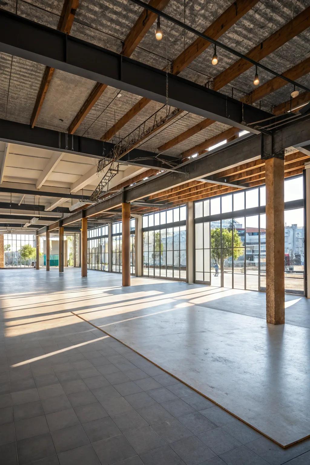 Beams form functional areas in open spaces.