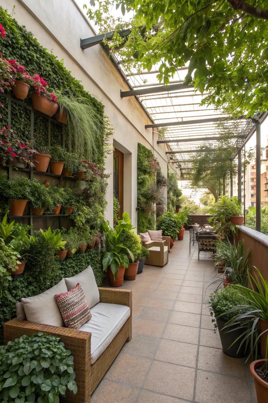 Morph your patio into a lush, green oasis with thriving plants and vertical gardens.