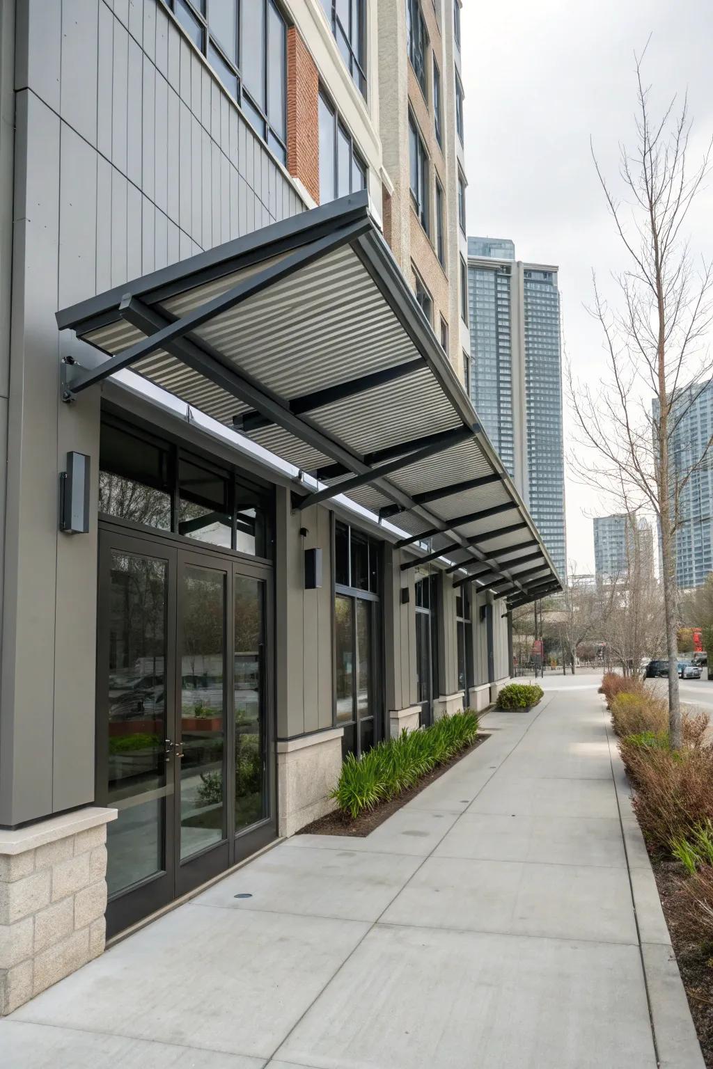 Industrial-style shades bringing urban chic to residential exteriors.