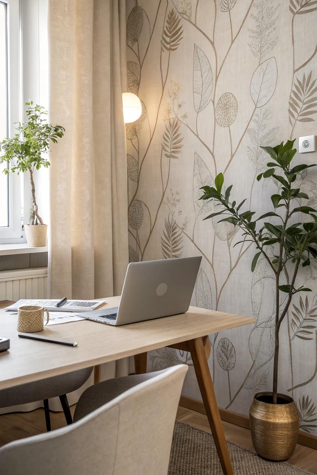 Soft hues in fabric wallpaper can make a peaceful and stylish office.
