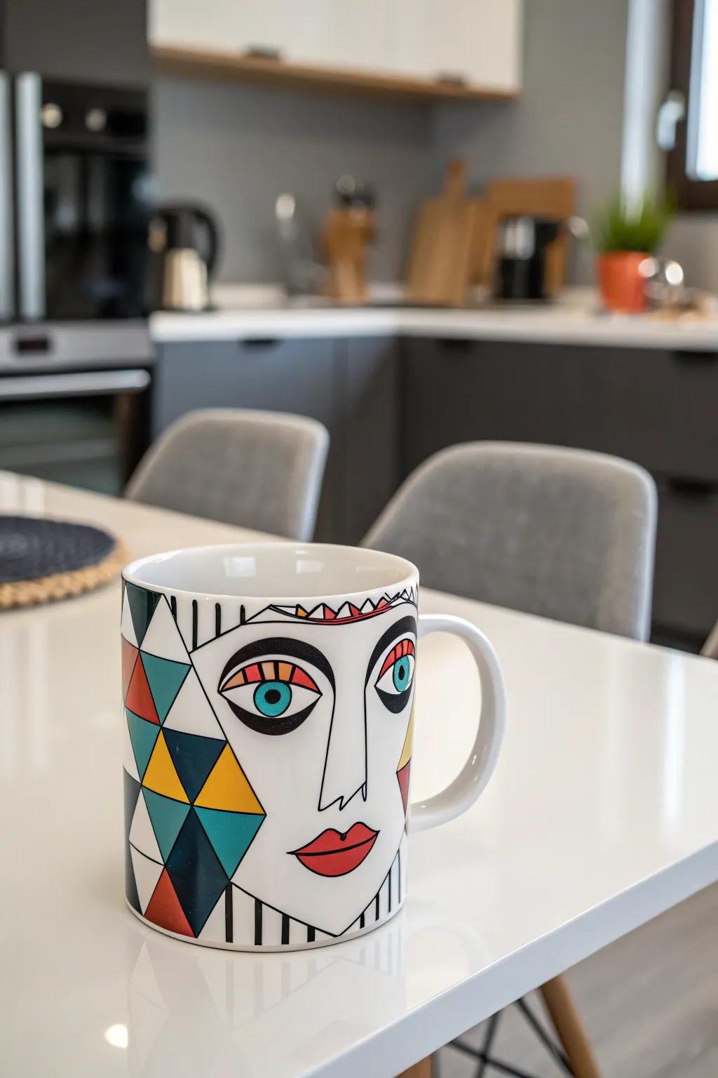 A geometric face mug that mixes modern art with functional design.