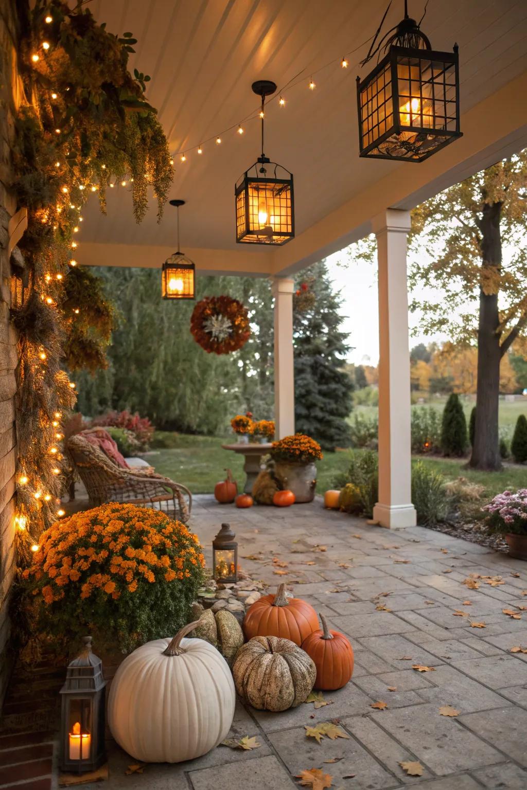 Beacons supplying ambient lighting for a snug fall patio setting.