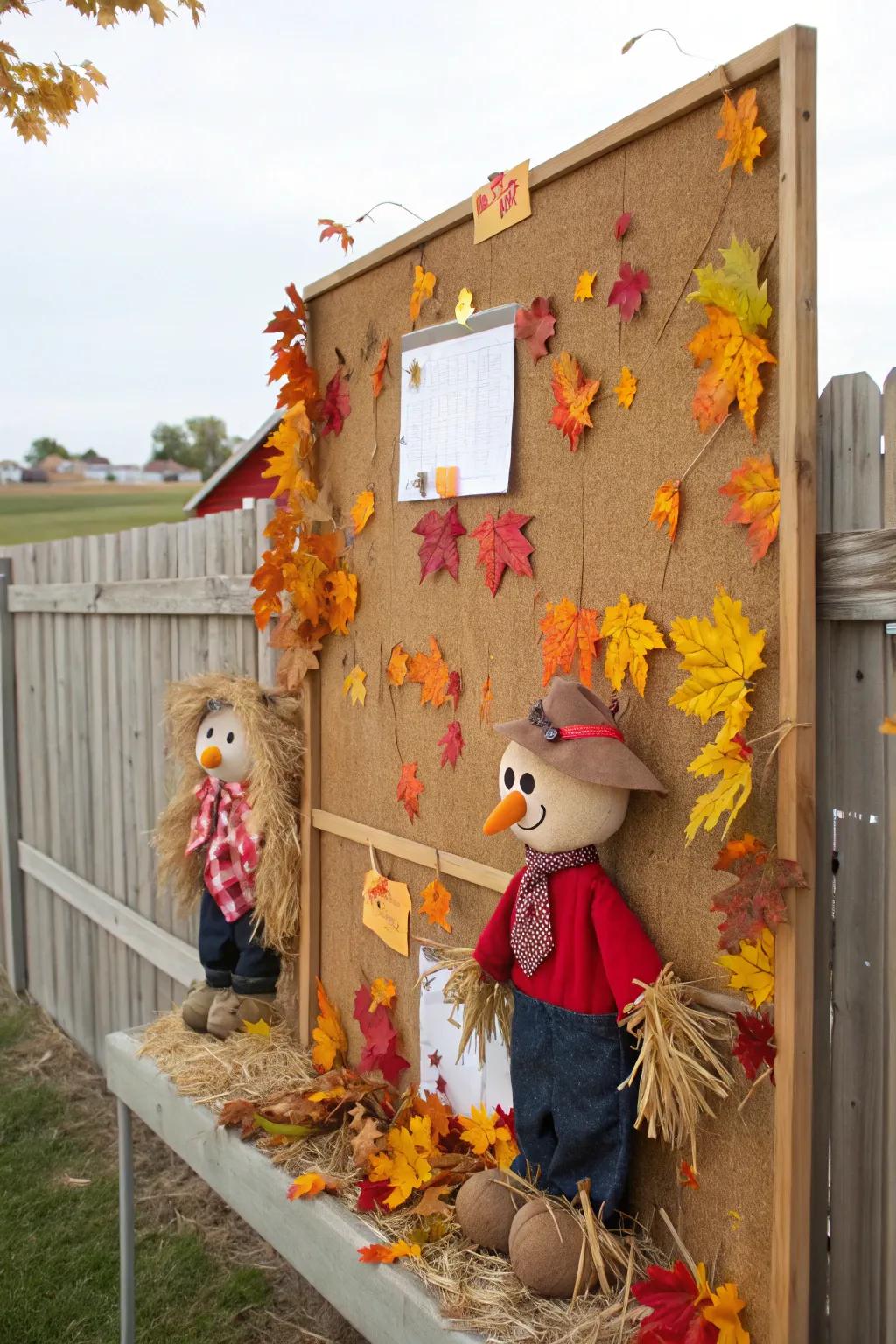 Charming scarecrows add a festive touch to this fall-themed board.