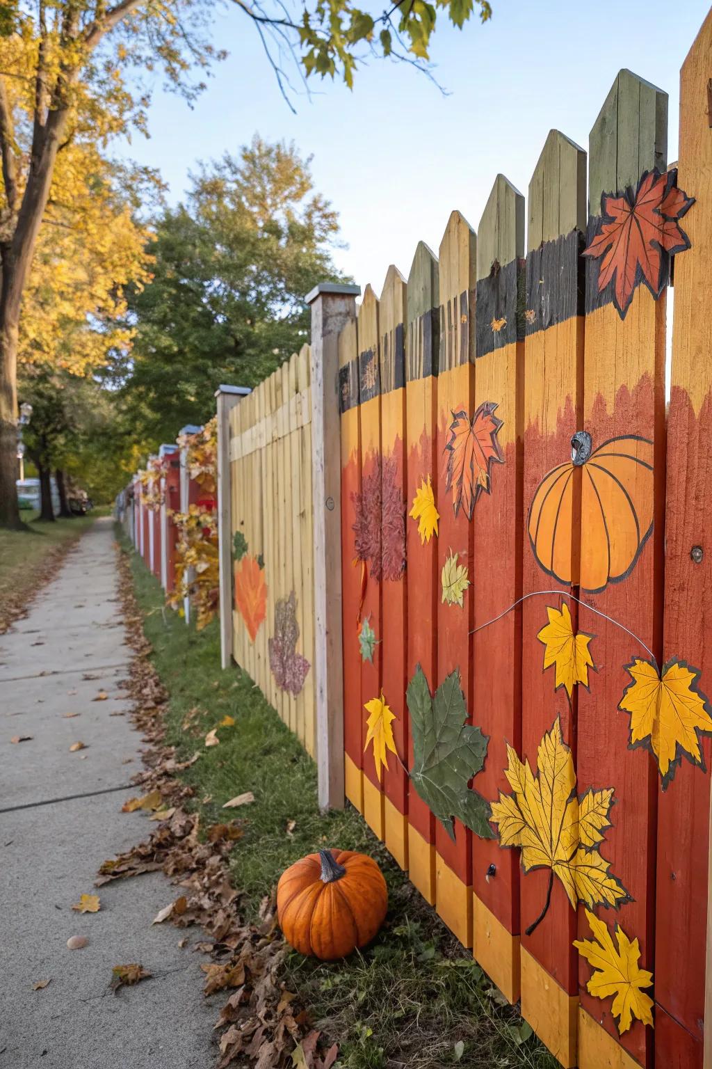 Lumber planks featuring seasonal designs personalize the fence.