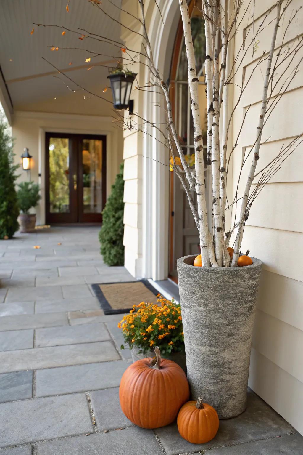 Birch limbs infuse sophistication and structure to gourd containers.