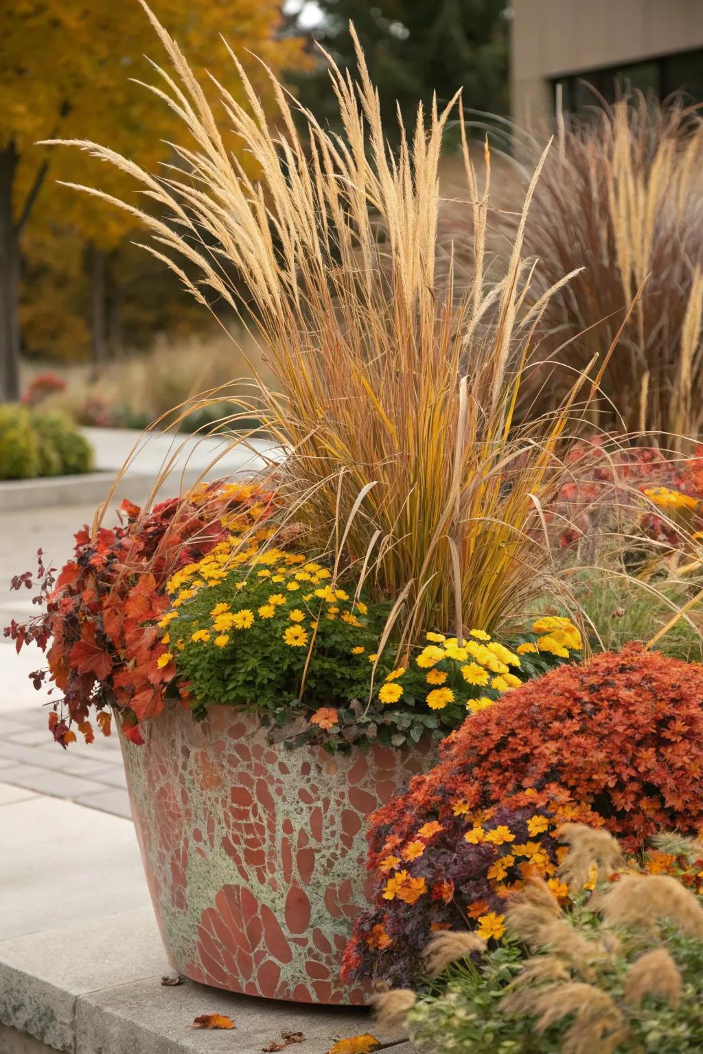 Varied elevations craft a balanced fall container.
