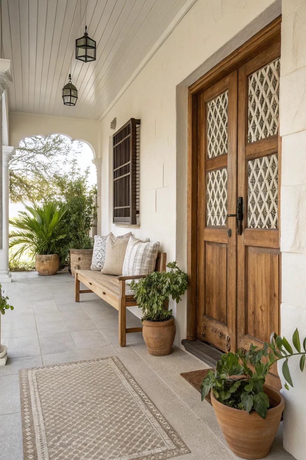 Subdued tones harmonize with vibrant fall hues on your porch.